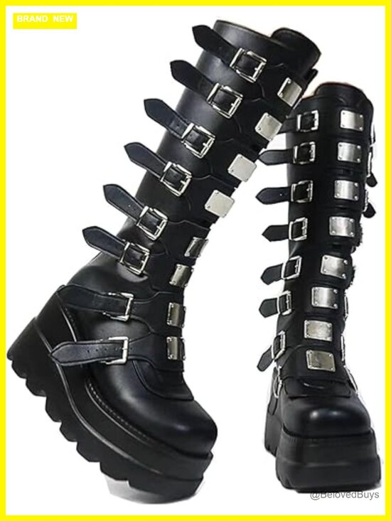 Shoes - Platform Knee High Boots Chunky Heel Wedge Combat Goth Punk Motorcycle Zip